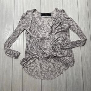 Free People New Romantics Women's Ivory & Black Paisley Boho Blouse Size Small